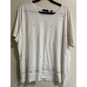 Karen Scott Women’s Plus Size 2X White Short Sleeve Floral Embroidered Top Shirt